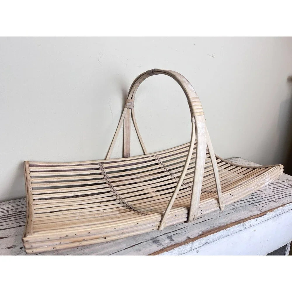 Vintage White Washed Bent Bamboo Garden Trug Handled Flower Basket 20”